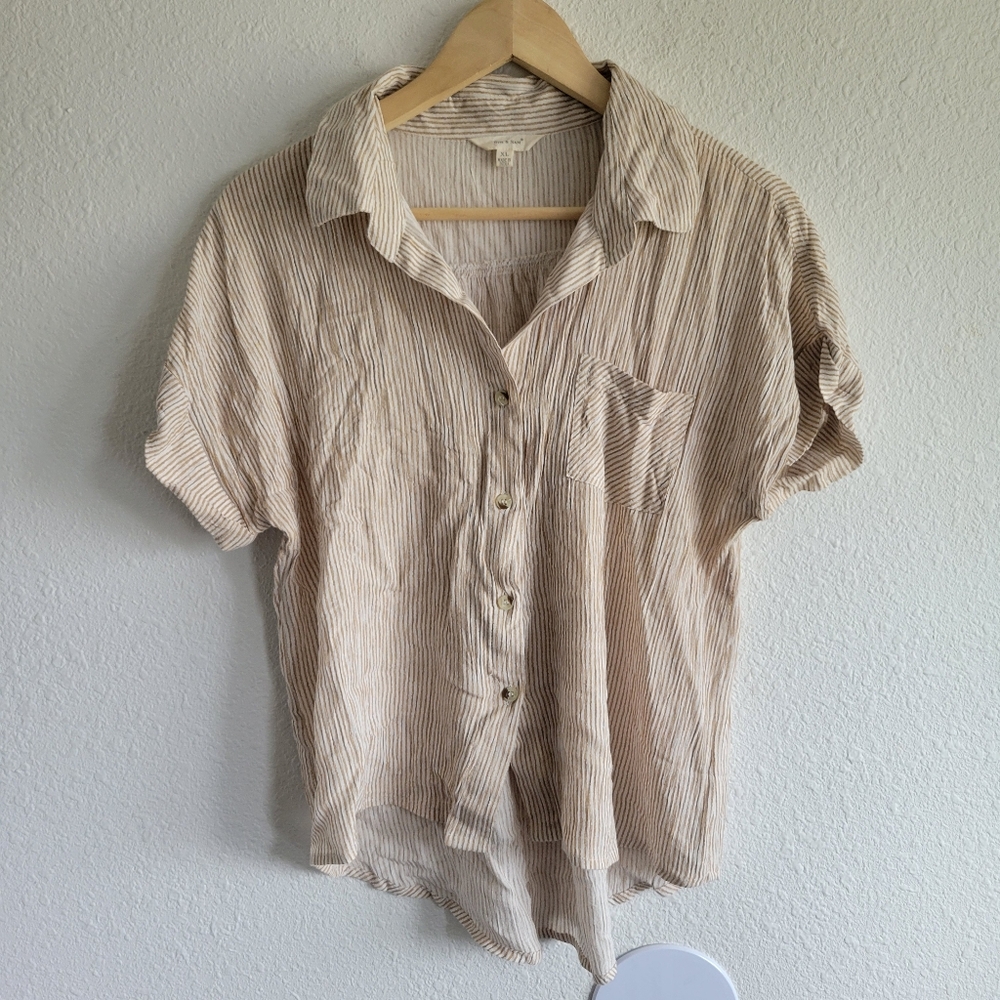 Sim & Sam Tan White Striped Shirt Button Up Short Sleeve High Low Blouse Size XL